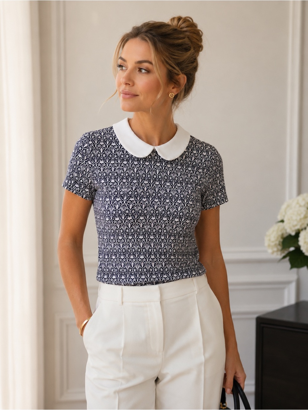 Tory Burch Peter Pan Collar Top Size Large Navy White Print Detachable Collar